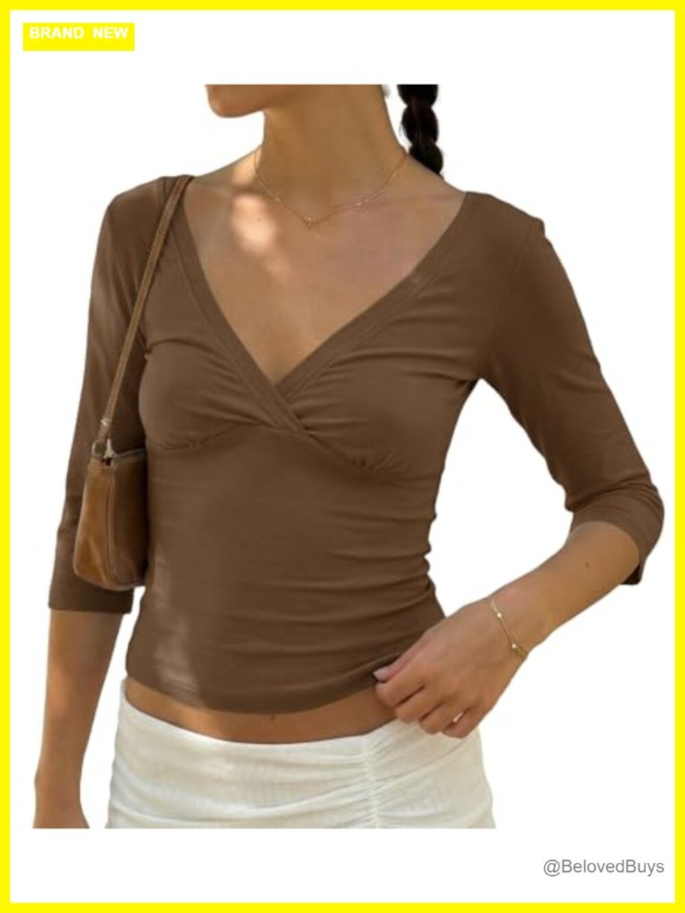 Womens 3/4 Sleeve V Neck Ruched Open Back Crop Top Slim Fit Tee